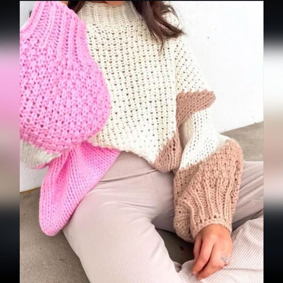 Ebby and I Chunky Colorblock Puff Sleeve Knit Sweater Size S/M - Picture 3 of 13